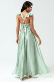 Backless Deep V-Neck A Line Green Split Bridesmaid Dress with Ruffles