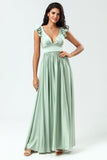 Backless Deep V-Neck A Line Green Split Bridesmaid Dress with Ruffles