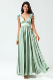 Backless Deep V-Neck A Line Green Split Bridesmaid Dress with Ruffles