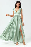 Backless Deep V-Neck A Line Green Split Bridesmaid Dress with Ruffles