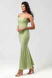 Lemon Green Mermaid Strapless Floor Length Bridesmaid Dress With Slit