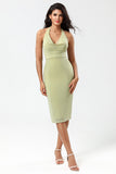 Dusty Sage Bodycon Halter Tea Length Bridesmaid Dress With Slit