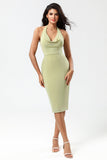 Dusty Sage Bodycon Halter Tea Length Bridesmaid Dress With Slit