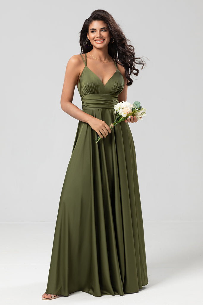 Olive  A Line Spaghetti Straps Floor Length Wedding Guest Dress with Slit