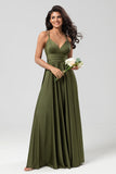 A Line Spaghetti Straps Floor-Length Satin Bridesmaid Dress