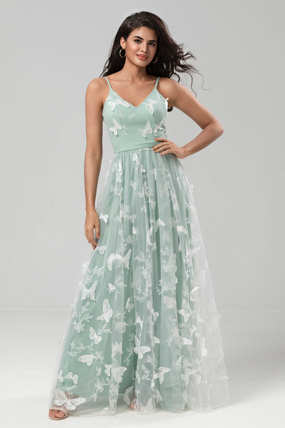 Wedtrend Women Green Bridesmaid Dress A Line Spaghetti Straps Matcha Long Evening Dress with 3D Butterfly Embroidery WEDTREND Wedtrend Women Green Bridesmaid Dress A Line Spaghetti Straps Matcha Long Evening Dress with 3D Butterfly Embroidery WEDTREND