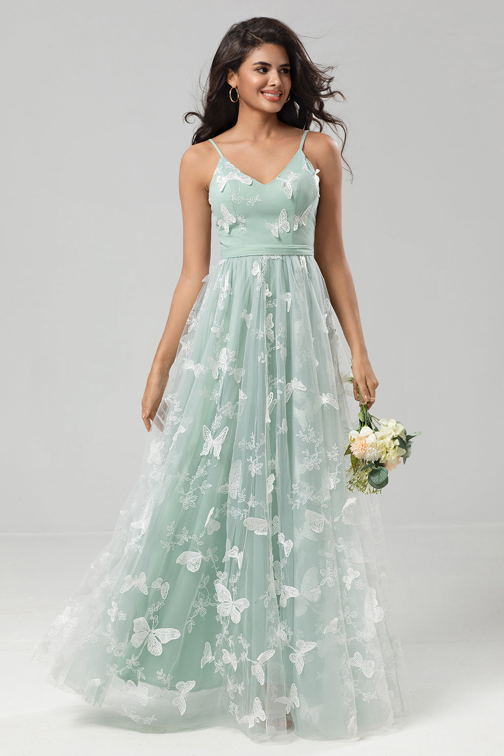Wedtrend Women Green Bridesmaid Dress A Line Spaghetti Straps Matcha Long Evening Dress with 3D Butterfly Embroidery WEDTREND Wedtrend Women Green Bridesmaid Dress A Line Spaghetti Straps Matcha Long Evening Dress with 3D Butterfly Embroidery WEDTREND