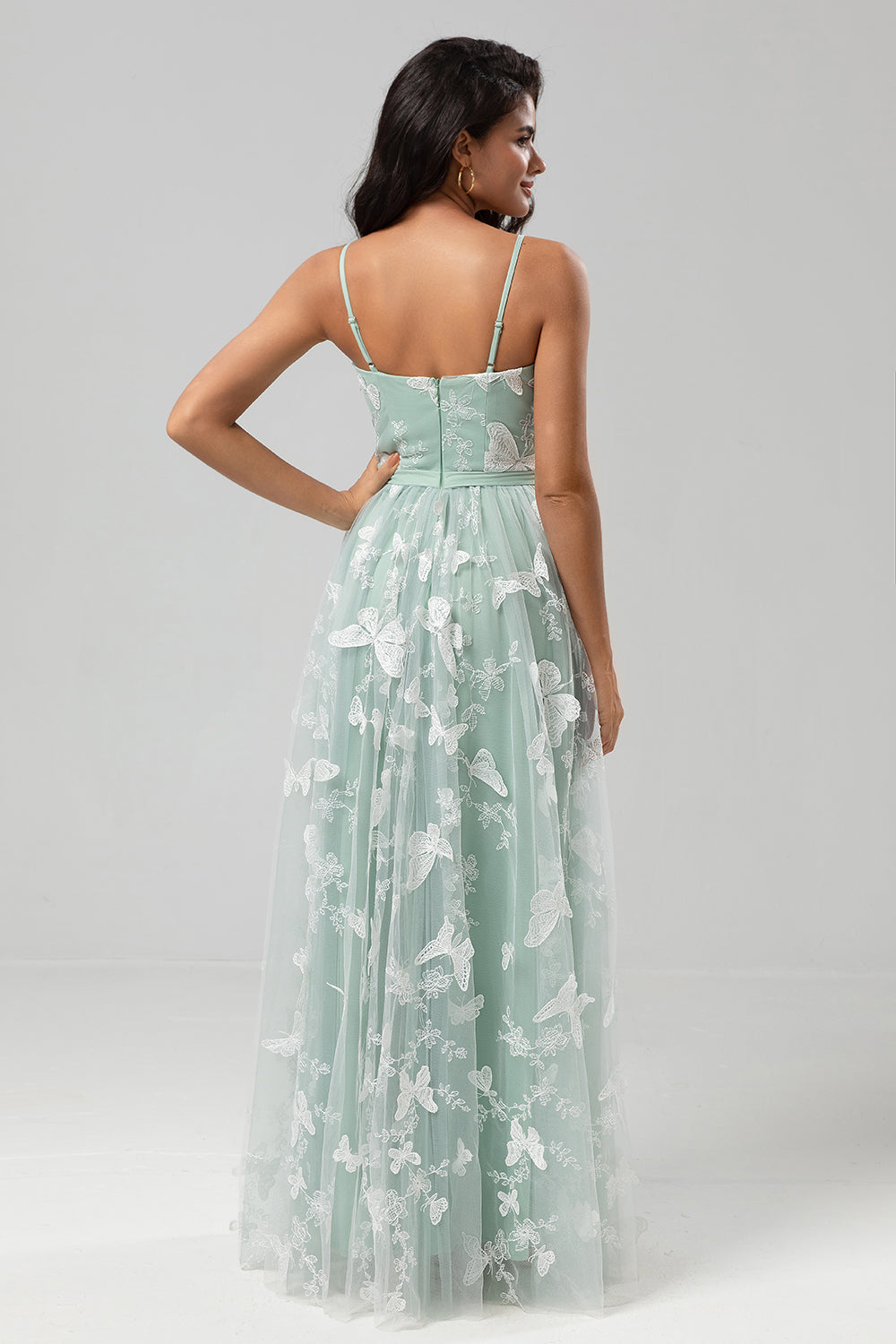 A Line Spaghetti Straps Matcha Long Bridesmaid Dress with 3D Butterfly Embroidery