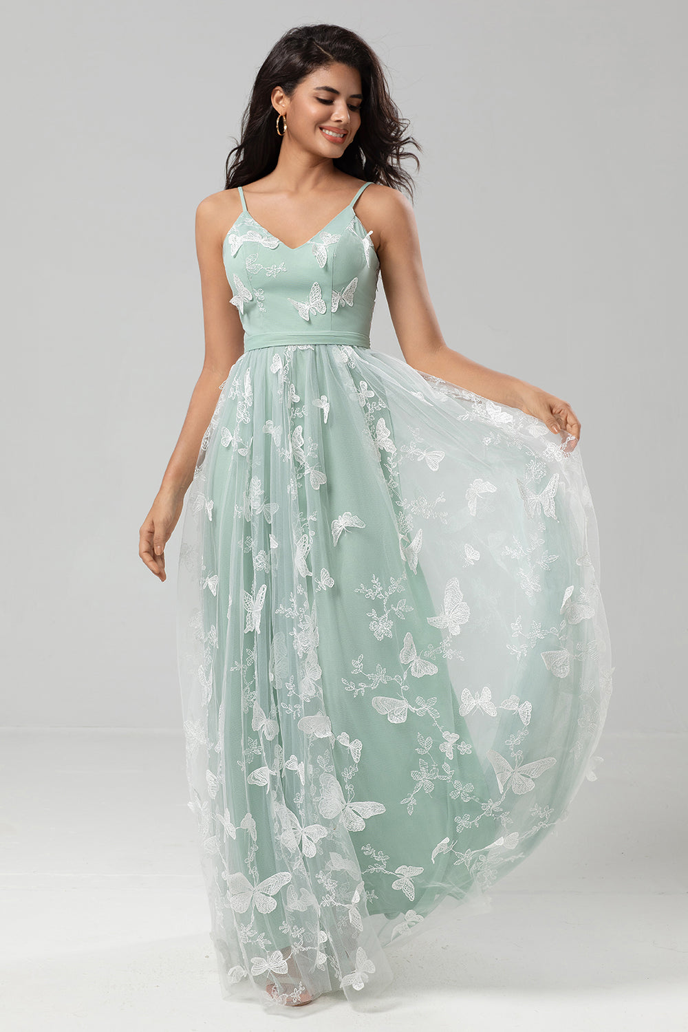 A Line Spaghetti Straps Matcha Long Bridesmaid Dress with 3D Butterfly Embroidery