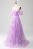 Lilac A Line Strapless Sparkly Sequin Long Prom Dress