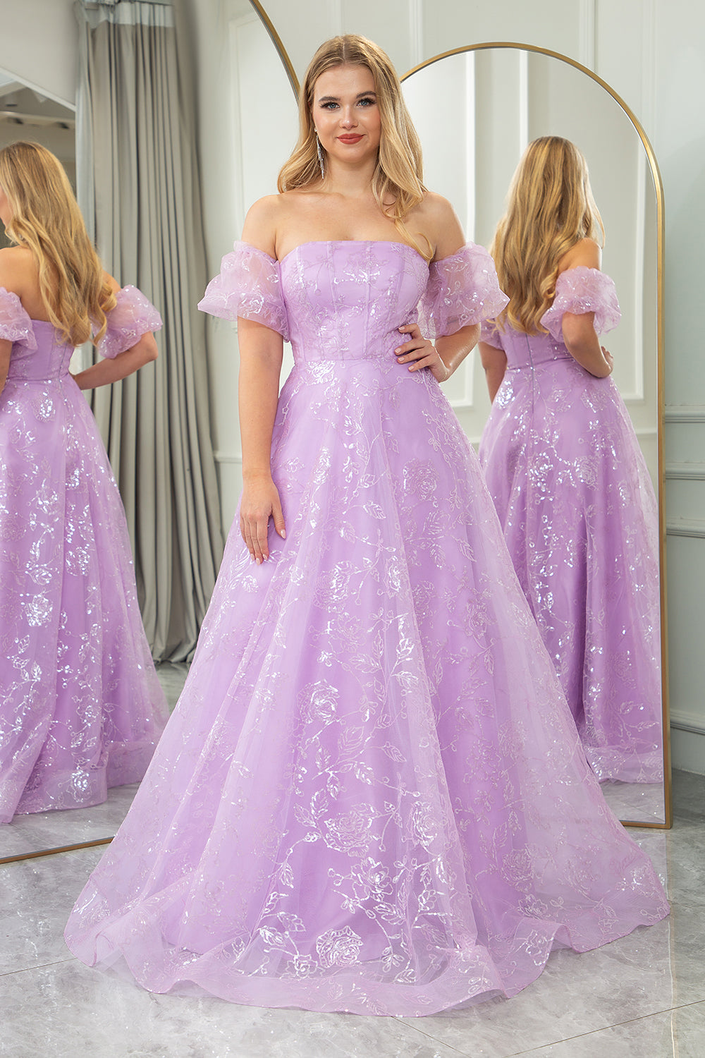 Sparkly Lilac A Line Strapless Sequin Long Prom Dress