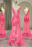 Mermaid Sparkly Fuchsia V Neck Prom Dress With Sequined Appliques