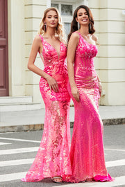 Sparkly Fuchsia Mermaid V-Neck Long Prom Dress With Sequins