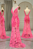 Mermaid Sparkly Fuchsia V Neck Prom Dress With Sequined Appliques