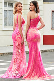 Sparkly Fuchsia Mermaid V-Neck Long Prom Dress With Sequins