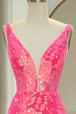 Mermaid Sparkly Fuchsia V Neck Prom Dress With Sequined Appliques