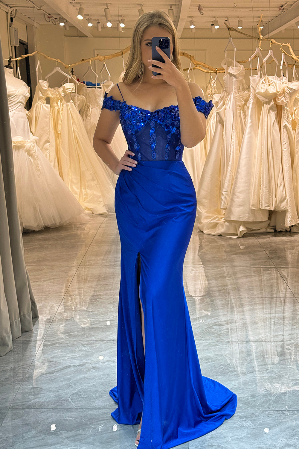 Royal Blue Mermaid Off The Shoulder Sparkly Sequins Prom Dress With Slit