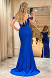 Royal Blue Mermaid Off The Shoulder Sparkly Sequins Prom Dress With Slit