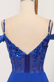 Royal Blue Mermaid Off The Shoulder Sparkly Sequins Prom Dress With Front Slit