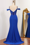 Royal Blue Mermaid Off The Shoulder Sparkly Sequins Prom Dress With Front Slit