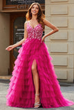 Fuchsia A Line Sparkly Beaded Appliques Tiered Long Prom Dress With Slit