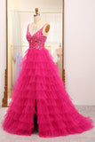 Fuchsia A Line Sparkly Beaded Appliques Tiered Long Prom Dress With Slit