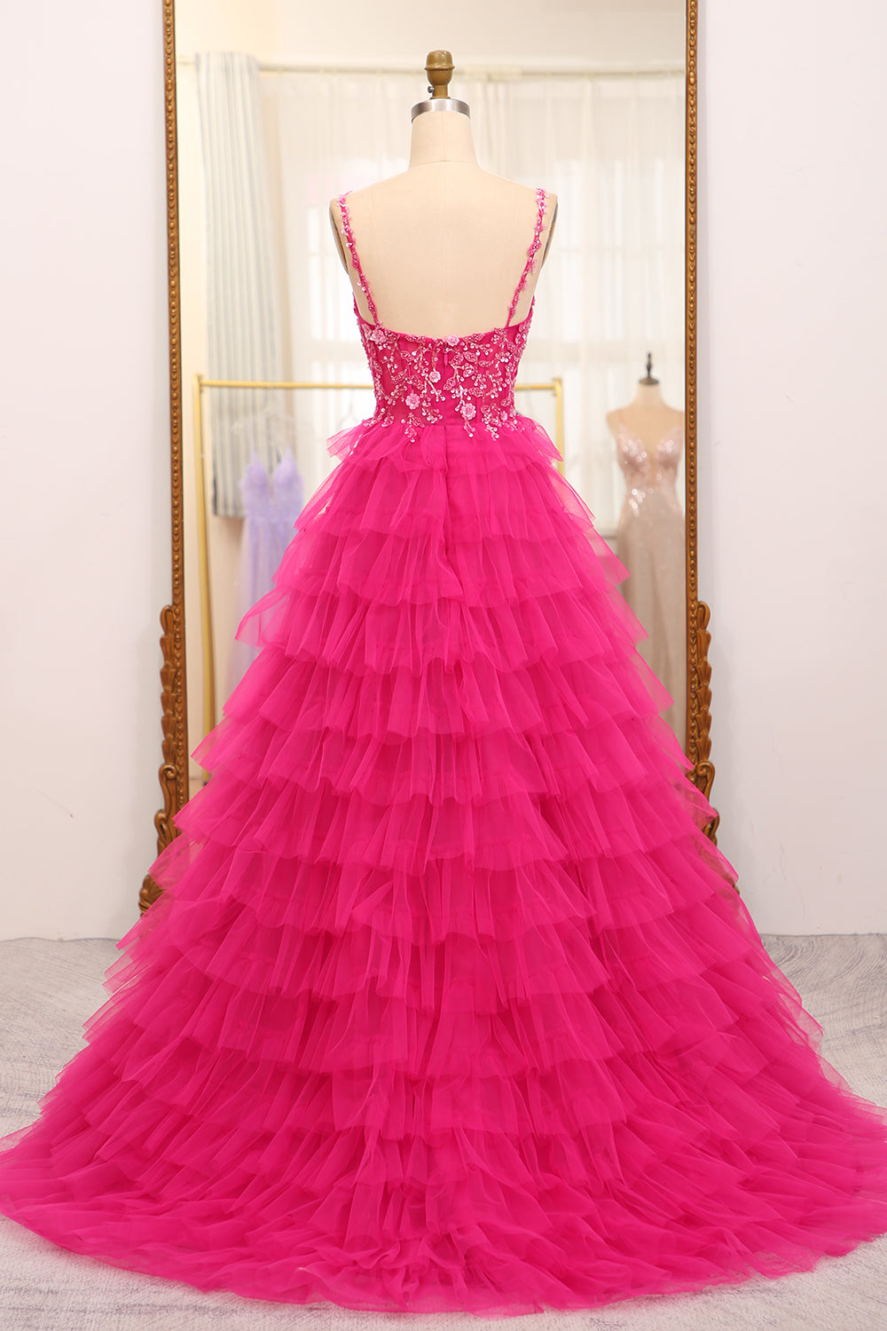 Fuchsia A Line Sparkly Beaded Appliques Tiered Long Prom Dress With Slit