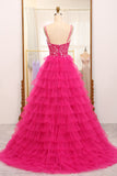 Fuchsia A Line Sparkly Beaded Appliques Tiered Long Prom Dress With Slit