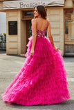 Fuchsia A Line Sparkly Beaded Appliques Tiered Long Prom Dress With Slit