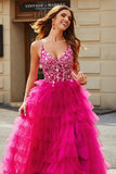 Fuchsia A-Line Spaghetti Straps Sparkly Beaded Tiered Long Prom Dress With Slit
