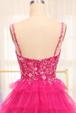 Fuchsia A Line Sparkly Beaded Appliques Tiered Long Prom Dress With Slit