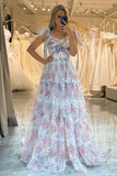 A-Line Tulle White Flower Printed Long Prom Dress