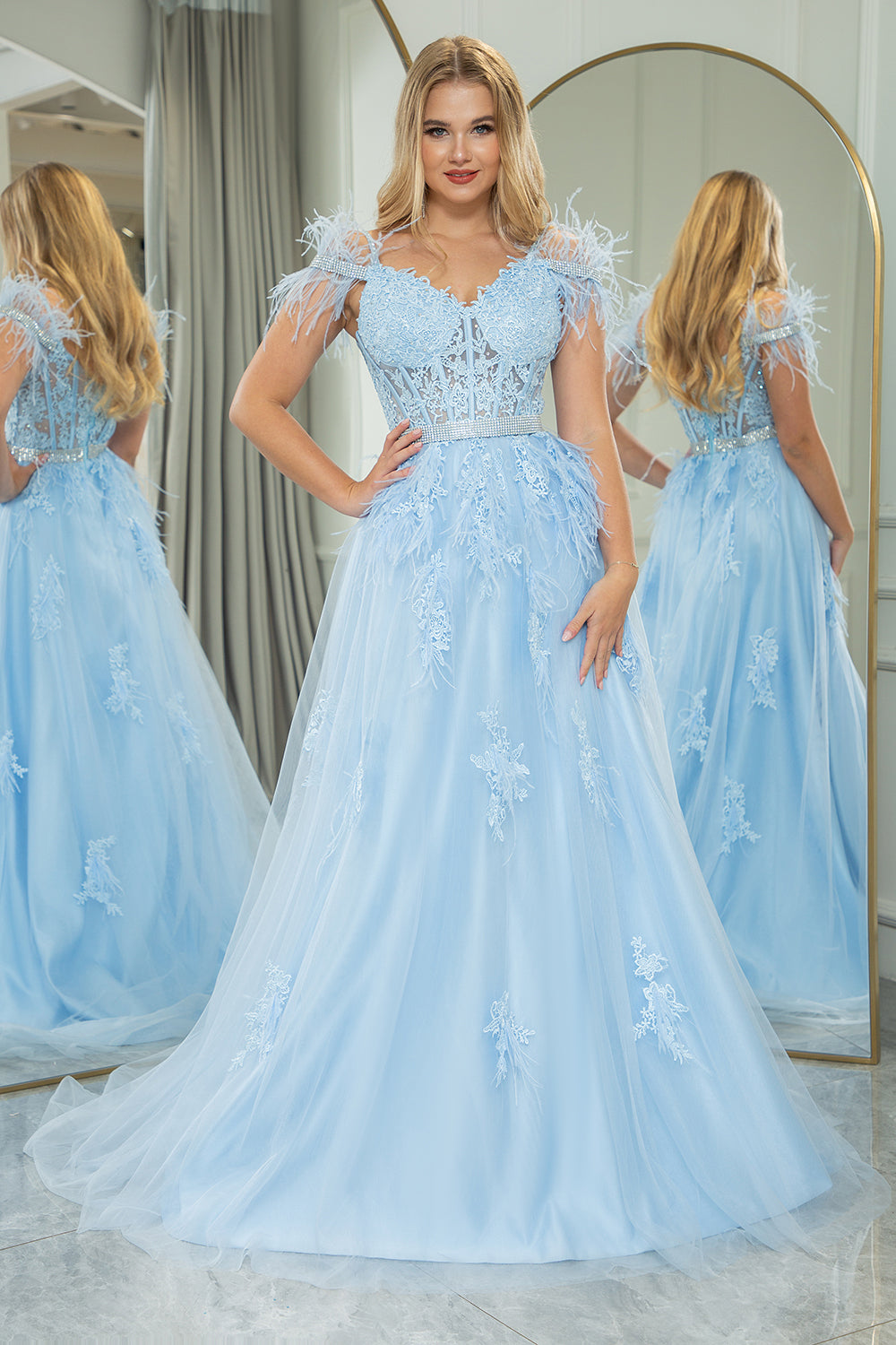 Light Blue A Line Long Corset Appliqued Prom Dress With Feathers