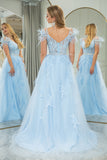 Light Blue A Line Long Corset Appliqued Prom Dress With Feathers