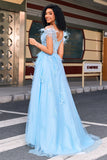 A-Line Rhinestones Accents Corset Light Blue Prom Dress With Appliques
