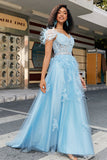 A-Line Rhinestones Accents Corset Light Blue Prom Dress With Appliques