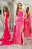 Sparkly Fuchsia Mermaid One Shoulder Corset Prom Dress With Slit