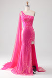 Fuchsia Mermaid One Shoulder Sparkly Corset Prom Dress With Slit