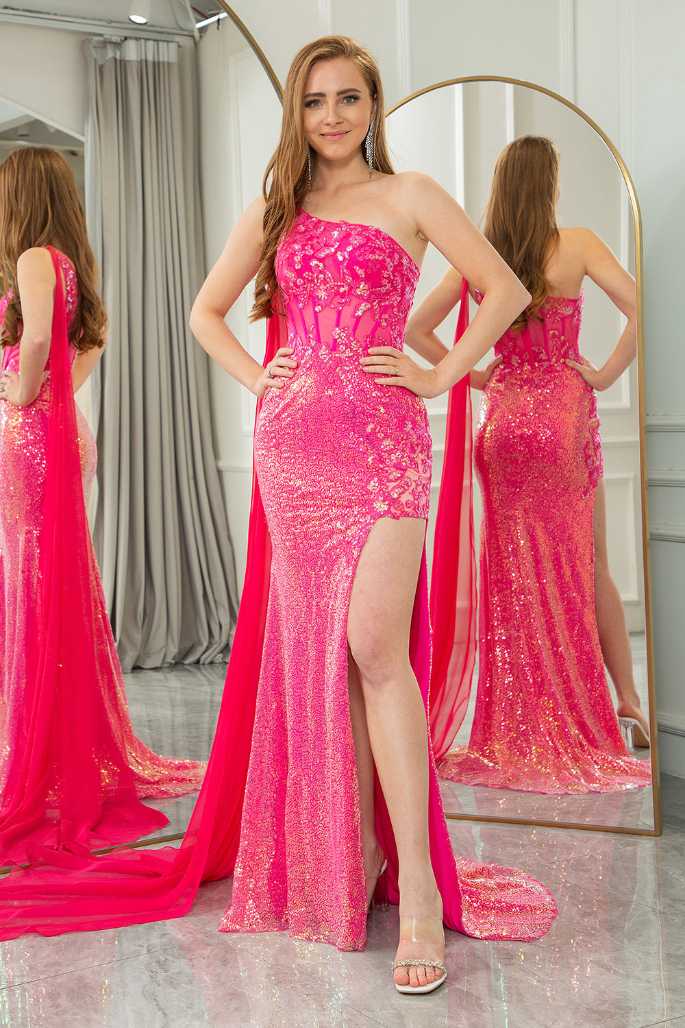 Wedtrend Women Fuchsia Prom Dress Mermaid One Shoulder Sparkly Corset Long Party Dress With Slit WEDTREND Wedtrend Women Fuchsia Prom Dress Mermaid One Shoulder Sparkly Corset Long Party Dress With Slit WEDTREND
