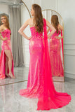 Sparkly Fuchsia Mermaid One Shoulder Corset Prom Dress With Slit