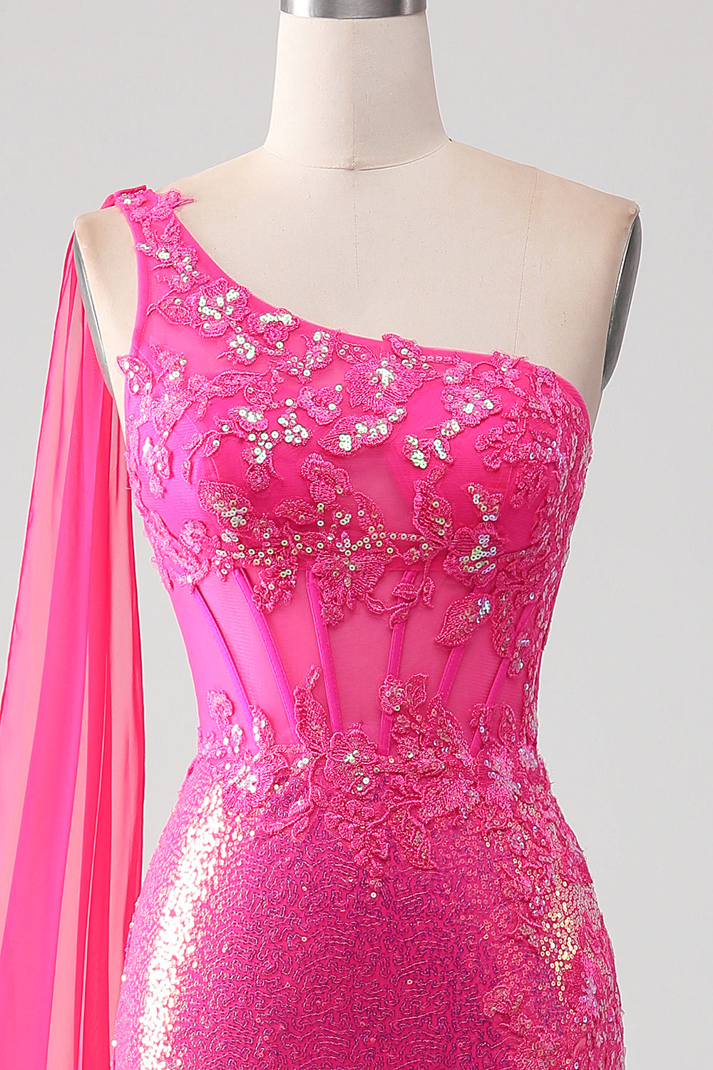 Fuchsia Mermaid One Shoulder Sparkly Corset Prom Dress With Slit
