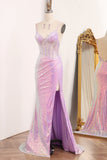 Sparkly Light Purple Mermaid Backless Long Corset Prom Dress With Slit