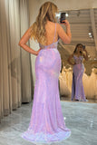 Purple Mermaid Sparkly Sequined Corset Prom Dress With Slit