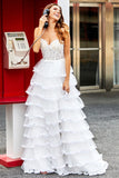 White Princess Lace Beaded Ruffle Tiered Long Prom Dress with Slit