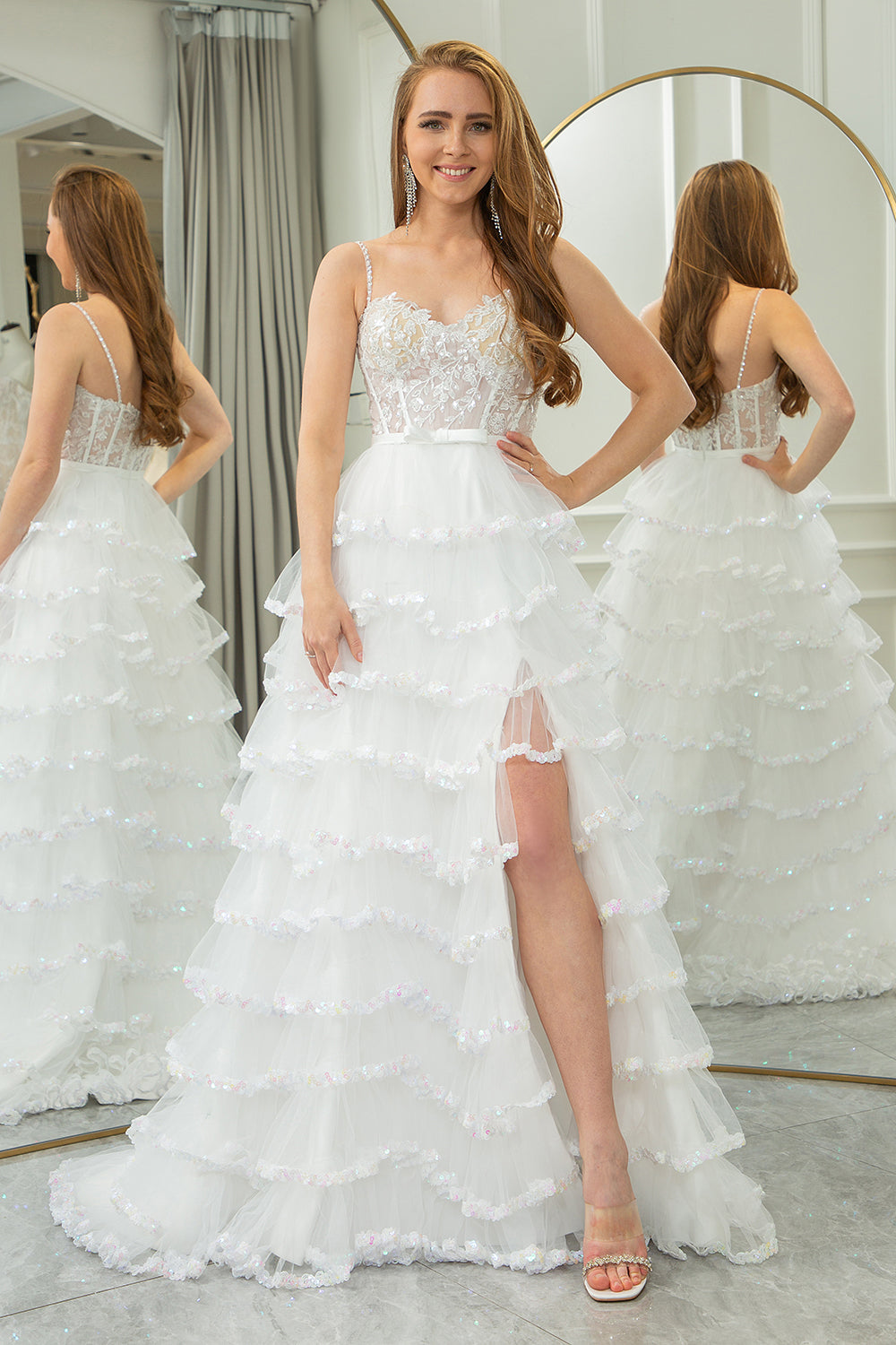 Wedtrend Women White Prom Dress A Line Spaghetti Straps Tiered Long Corset Wedding Dress With Slit WEDTREND Wedtrend Women White Prom Dress A Line Spaghetti Straps Tiered Long Corset Wedding Dress With Slit WEDTREND