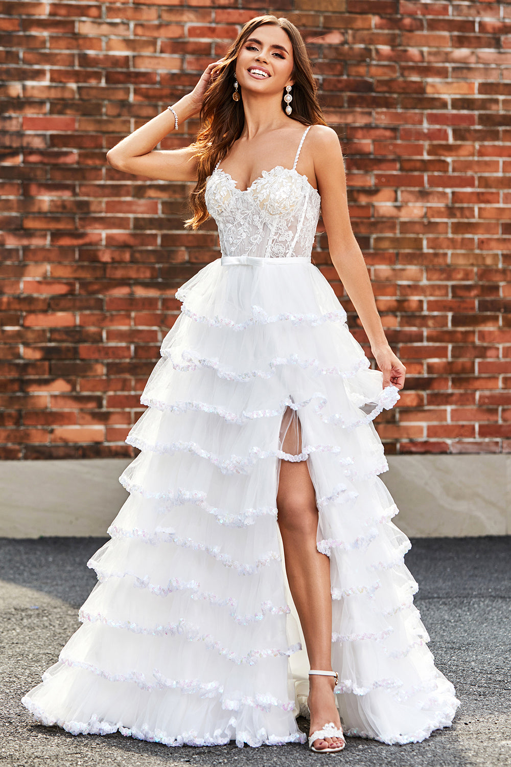 Wedtrend Women White Prom Dress Princess Lace Beaded Ruffle Tiered Long Evening Dress with Slit WEDTREND Wedtrend Women White Prom Dress Princess Lace Beaded Ruffle Tiered Long Evening Dress with Slit WEDTREND