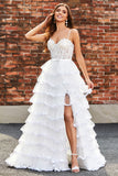 White Princess Lace Beaded Ruffle Tiered Long Prom Dress with Slit