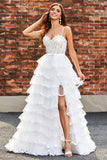 White Princess Lace Beaded Ruffle Tiered Long Prom Dress with Slit