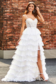 White Princess Lace Beaded Ruffle Tiered Long Prom Dress with Slit