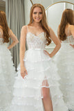 A Line Spaghetti Straps Tiered Long Corset White Prom Dress With Slit